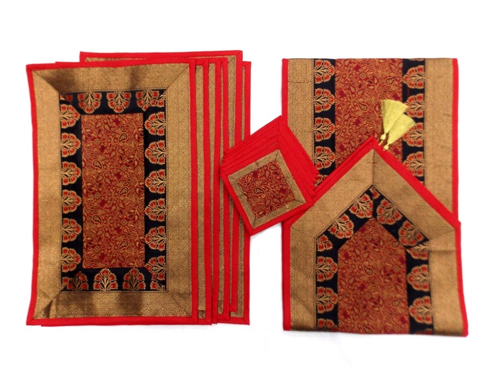 Indian Silk Table Runner with 6 Placemats & 6 Coaster in Red Color Size 16x62